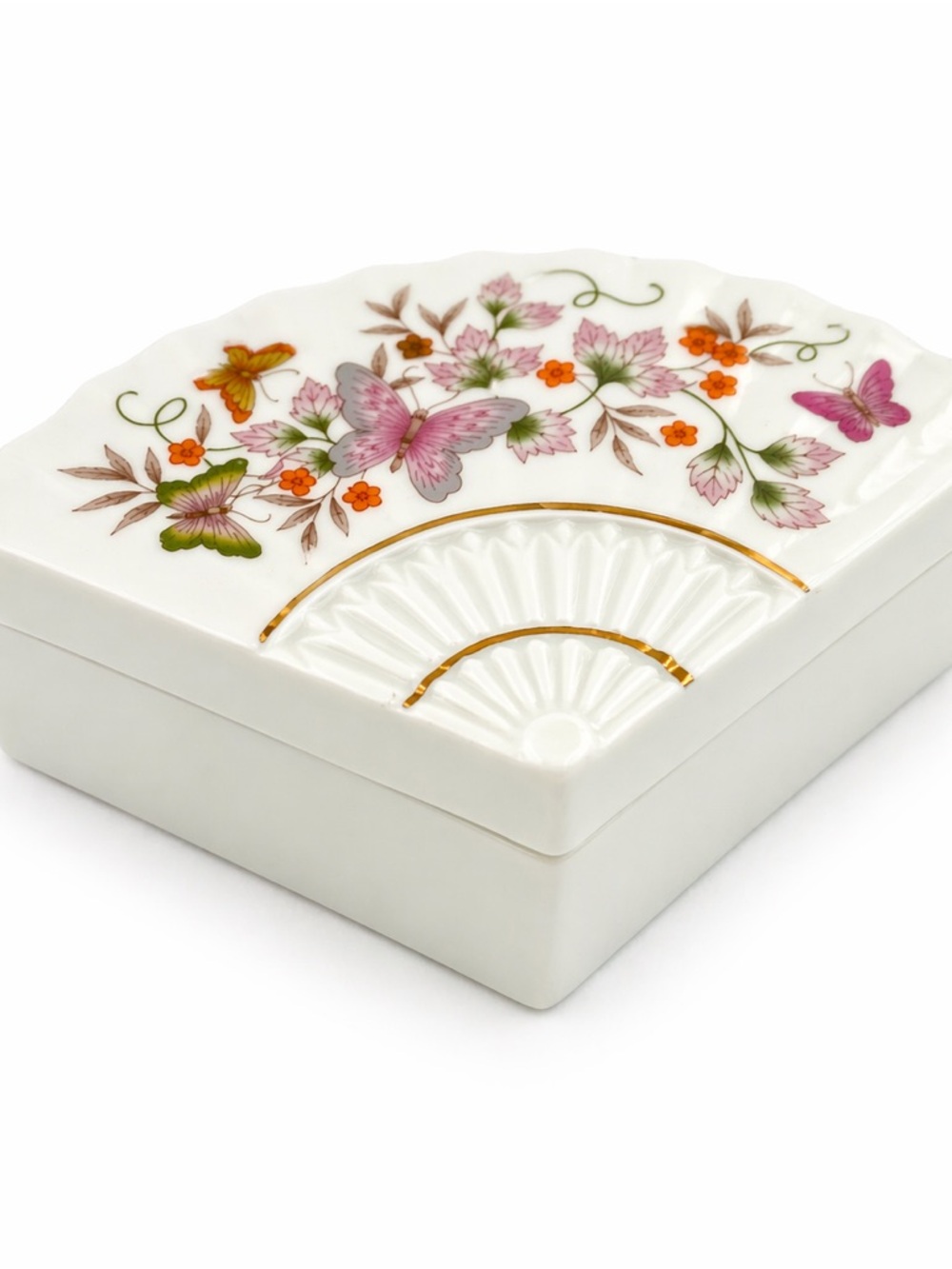 Vintage Avon Porcelain Trinket Box Fan Shape Floral Butterfly 1980